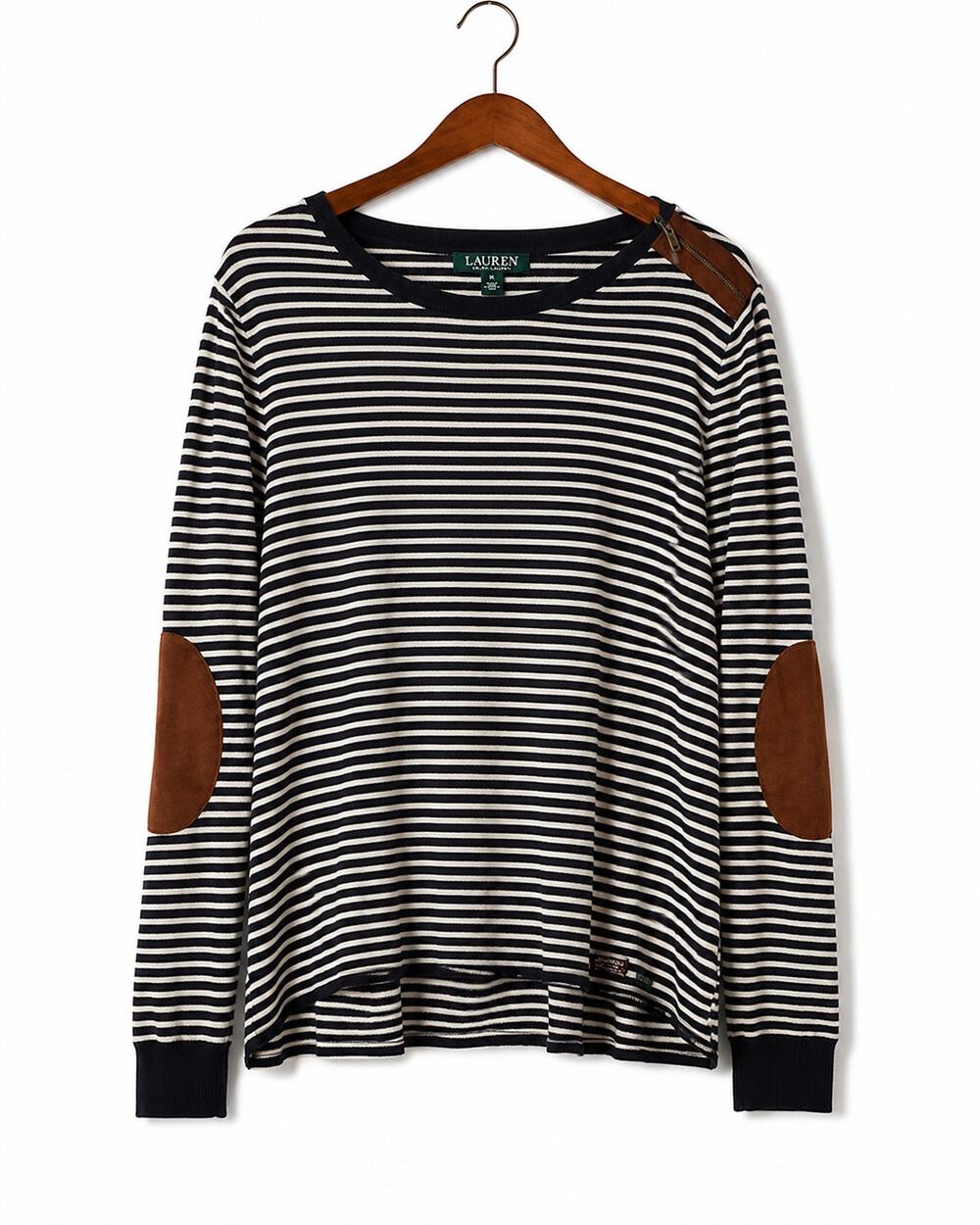 Lauren Ralph Lauren XL Navy White Stripe Elbow Patch Long Sleeve Knit Top